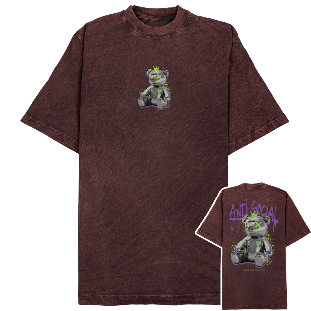 Anti Social - Oversized T-Shirt T-shirt castanha escura com estampa de urso cinzento com olhos em cruz e coroa verde