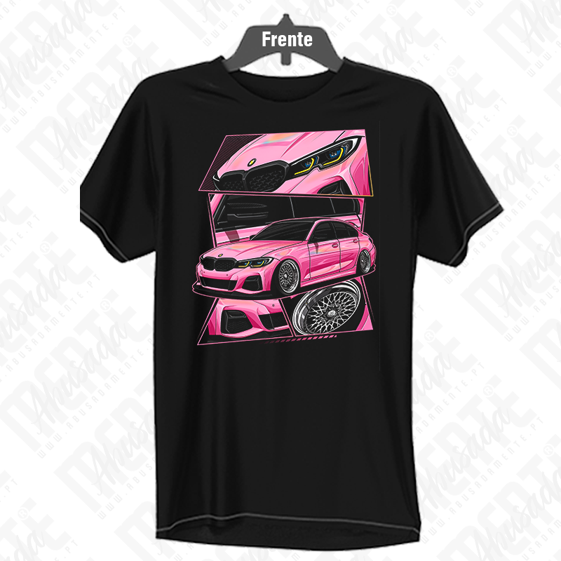 BMW T-shirt preta com estampa de carro desportivo cor-de-rosa