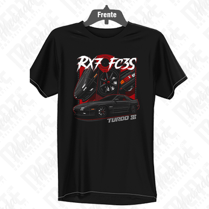 Mazda RX7 T-shirt preta com estampa do carro preto RX7 FC3S e texto TURBO II