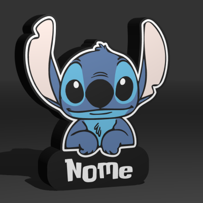 Figura decorativa de Stitch azul com base preta escrita NoMe.