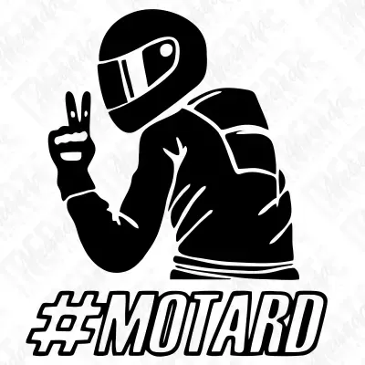 Gráfico preto e branco de motociclista com capacete e mochilha mostrando sinal de paz com a mão e texto #MOTARD