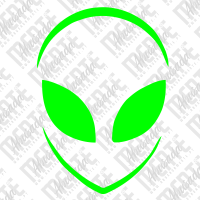 Logotipo verde de rosto alienígena estilizado sobre fundo branco com marcas dágua
