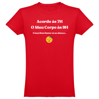 T-shirt vermelha com texto branco e emoji de dormir