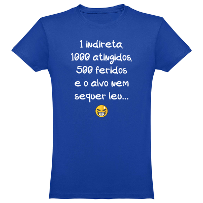 T-shirt azul com texto branco e emoji amarelo impressos na frente