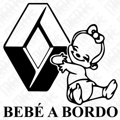 Desenho em preto e branco de bebê sorridente e símbolo Renault com texto Bebé a Bordo
