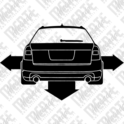 ícone em preto e branco da traseira de um carro com setas apontando para os lados e para baixo