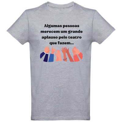 T-shirt cinzenta com texto e ilustração de mãos a aplaudir
