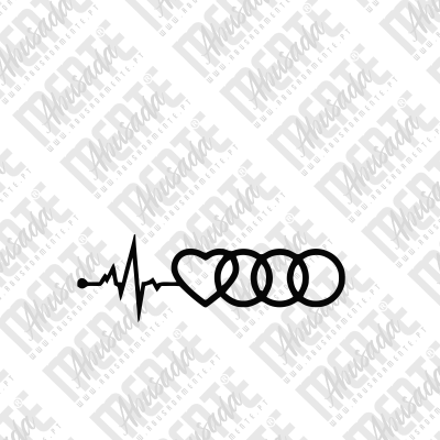 Desenho preto com eletrocardiograma, coração e quatro círculos entrelaçados em fundo branco