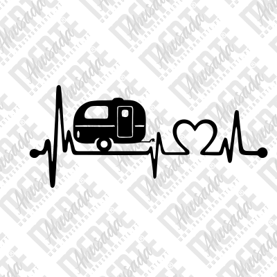 Linha de pulso cardíaco com silhueta de caravana e coração em gráfico preto e branco