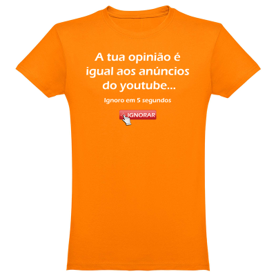 T-shirt laranja com texto humorístico em branco e botão vermelho IGNORAR