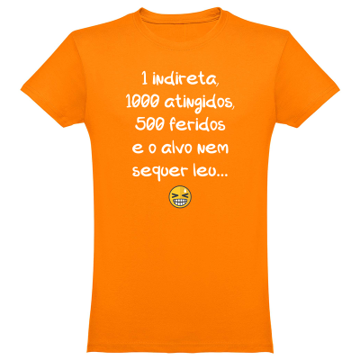 T-shirt laranja com texto branco e emoji amarelo