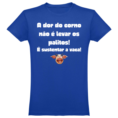 T-shirt azul com texto branco e imagem de vaca sorridente