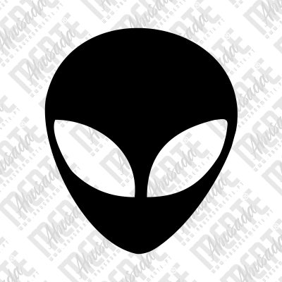 Símbolo preto de cabeça de alienígena com olhos grandes e fundo branco com texto de marca de água.