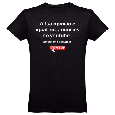 T-shirt preta com texto e botão IGNOAR em branco e vermelho