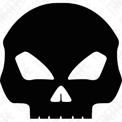 Desenho preto de uma caveira simples sobre fundo branco com texto no fundo