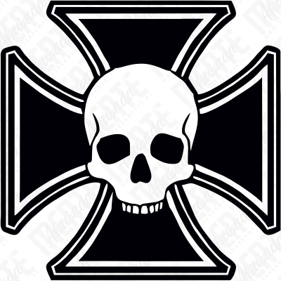 Logotipo de caveira branca sobre uma cruz maltês preta