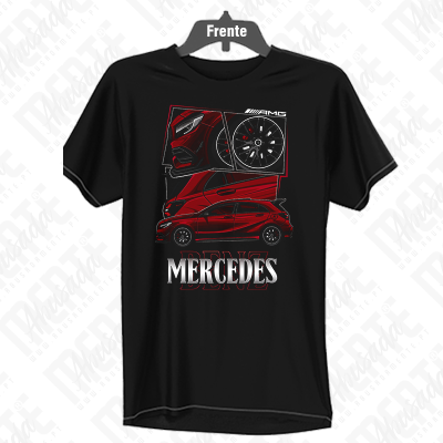 T-shirt preta com estampa da Mercedes Benz e detalhes do carro AMG