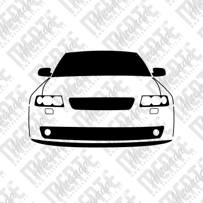 Desenho em preto e branco da frente de um carro com faróis e para-choques