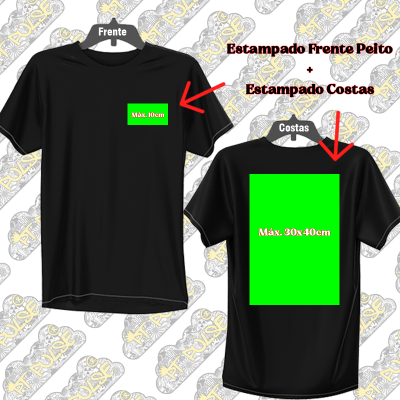 Duas t-shirts pretas com indicações de tamanhos máximos de estampas no peito e costas