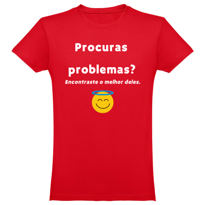 T-shirt vermelha com texto branco e emoji sorridente com auréola