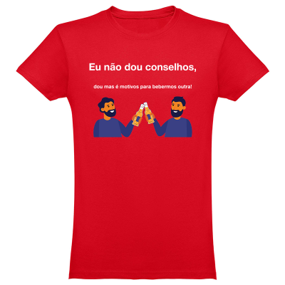 T-shirt vermelha com desenho e texto humorístico em branco