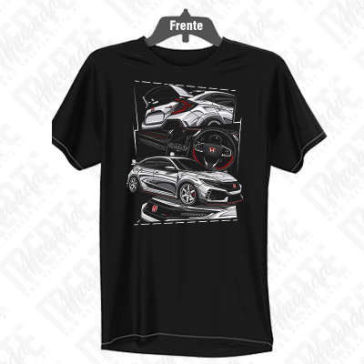 T-shirt preta com estampado de carros Honda Civic Type R cinza e detalhes vermelhos