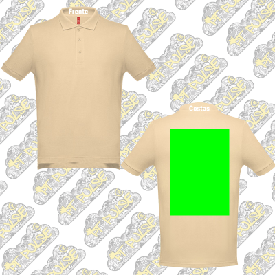 Polo bege com três botões e área verde nas costas, fundo branco com texto PT PULSE.