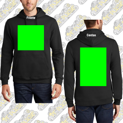 Casaco com capuz preto com áreas verdes para personalização na frente e costas