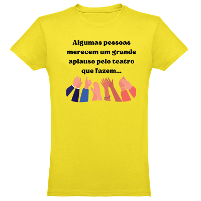 T-shirt amarela com texto e ilustração de mãos a aplaudir