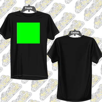 T-shirts pretas com quadrado verde na frente e etiquetas Frente e Costas