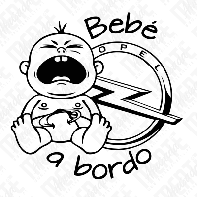 Desenho a preto e branco de bebé a chorar com texto Bebé a bordo e logótipo Opel.
