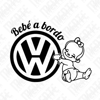 Desenho em preto e branco com texto Bebé a bordo, logótipo Volkswagen e bebé sorridente com fita na cabeça
