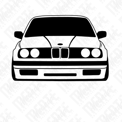 Desenho preto e branco de carro visto frontal com faróis circulares e grelha dividida.