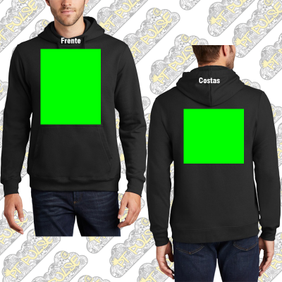 Casaco com capuz preto masculino visto de frente e costas com quadrados verdes para personalização