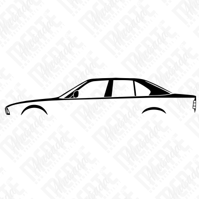 Desenho preto e branco do perfil lateral de um automóvel sedan de quatro portas