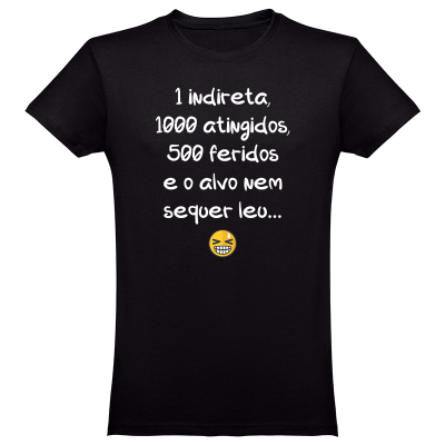 T-shirt preta com texto branco e emoji sorridente
