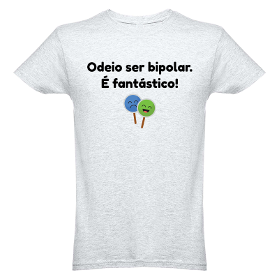 T-shirt cinza claro com texto e dois balões coloridos