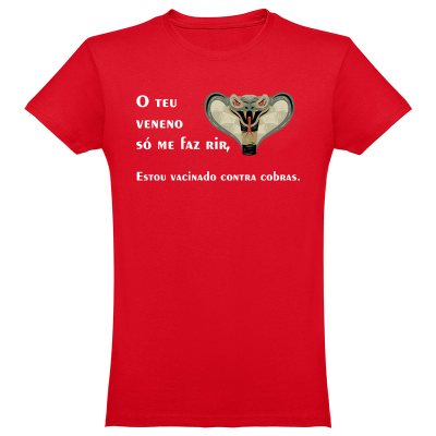 Camiseta vermelha com cabeça de cobra e texto em branco