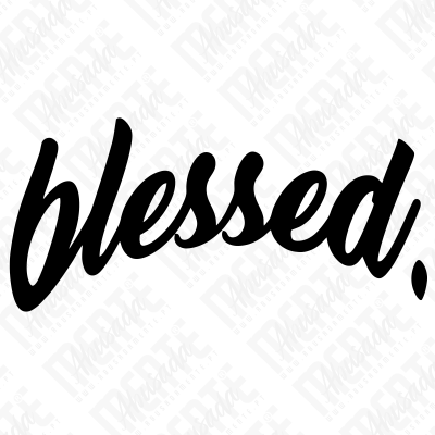 Palavra blessed. em letras pretas cursivas num fundo branco com textura opaca