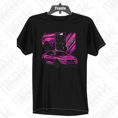 T-shirt preta com desenho de carro desportivo roxo e detalhes