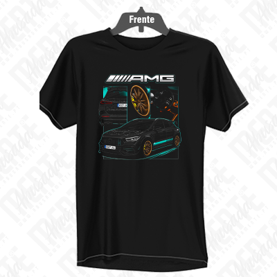 T-shirt preta com imagem de carro AMG e texto AMG