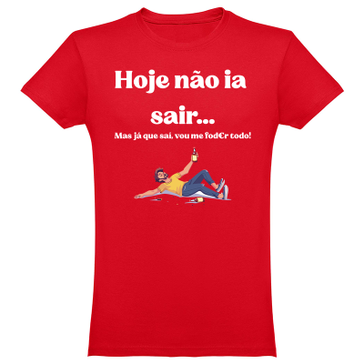 T-shirt vermelha com texto humorístico e ilustração de homem a beber.