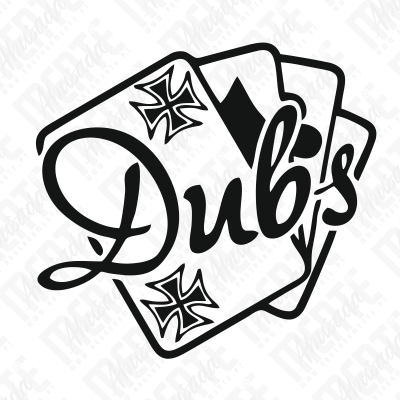 Cartas de baralho com a palavra Dubs escrita em preto e branco