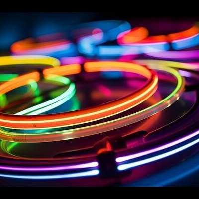 Fitas de luzes LED neon flexíveis coloridas em círculos sobre superfície escura
