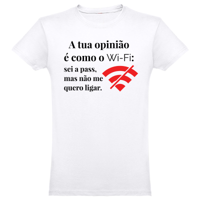 T-shirt branca com texto preto e símbolo Wi-Fi vermelho cortado