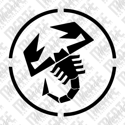 Logotipo escorpião preto dentro de círculo branco com texto de fundo