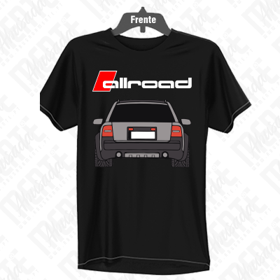 T-shirt preta com impressão de carro e texto allroad