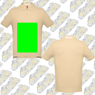 Camiseta pólo bege clara vista frontal e traseira com fundo padrão PULSE