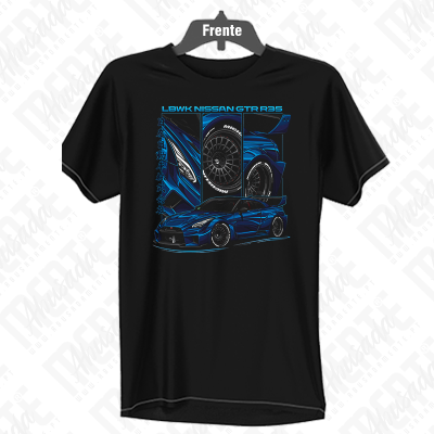 T-shirt preta com estampa gráfica de um carro desportivo azul Nissan GTR R35.