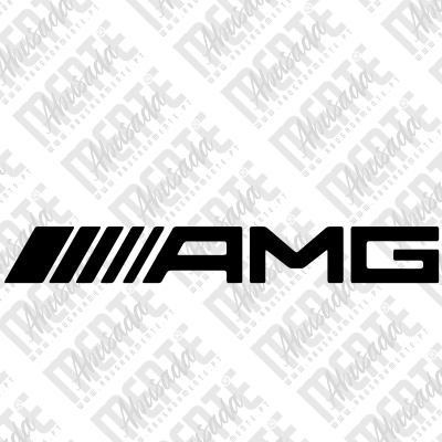 Logótipo preto AMG em fundo branco com padrão repetido e texto